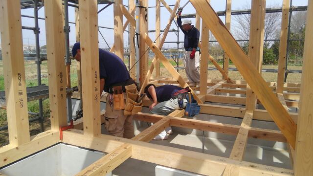 まずは構造材の歪みをとります。とても重要な作業です。慎重に作業を進めます。