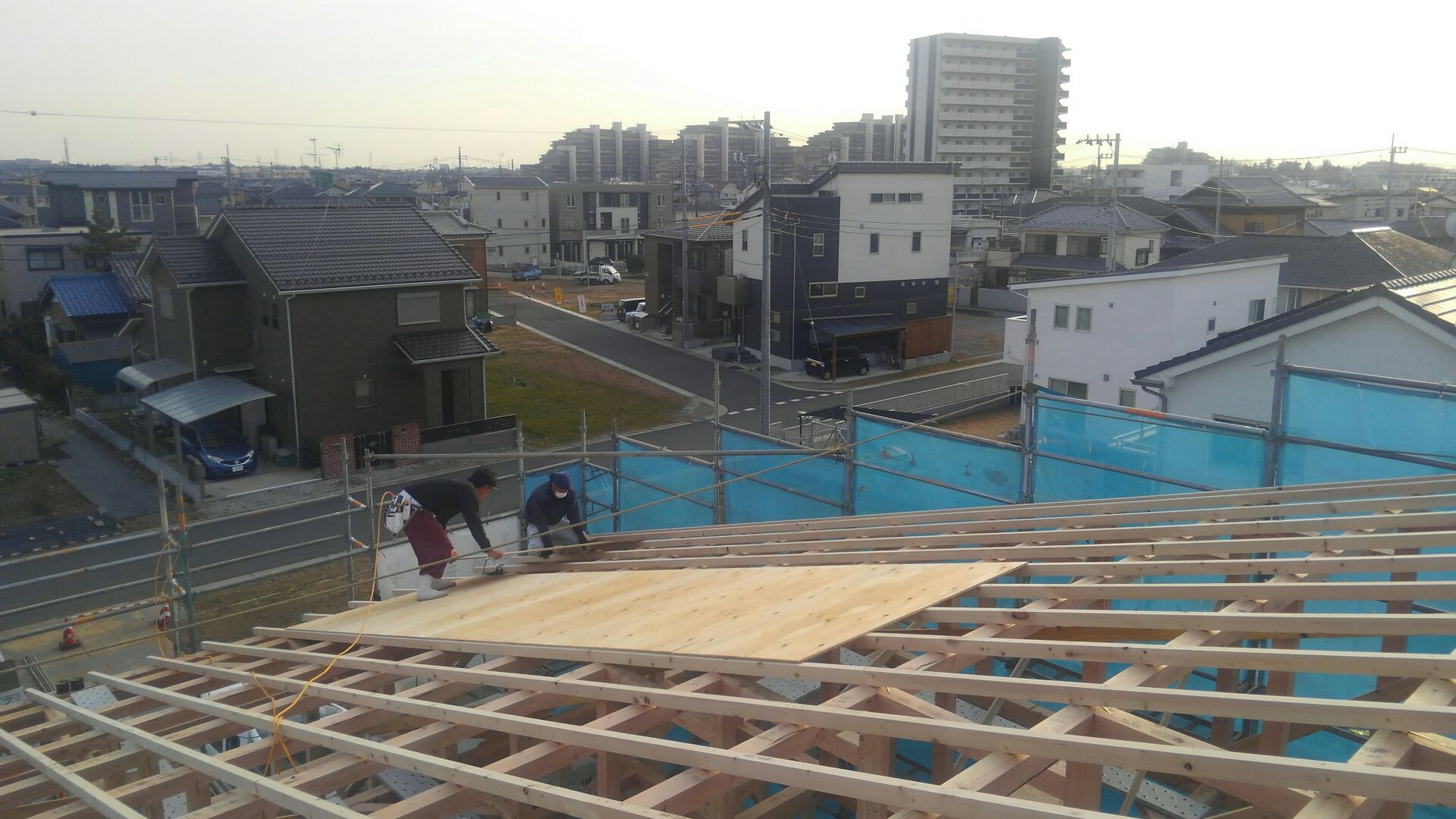 大工さんが屋根の下地、野地工事をはじめました。M様邸、一野地（ひとのじ）の大屋根！迫力ありますね。